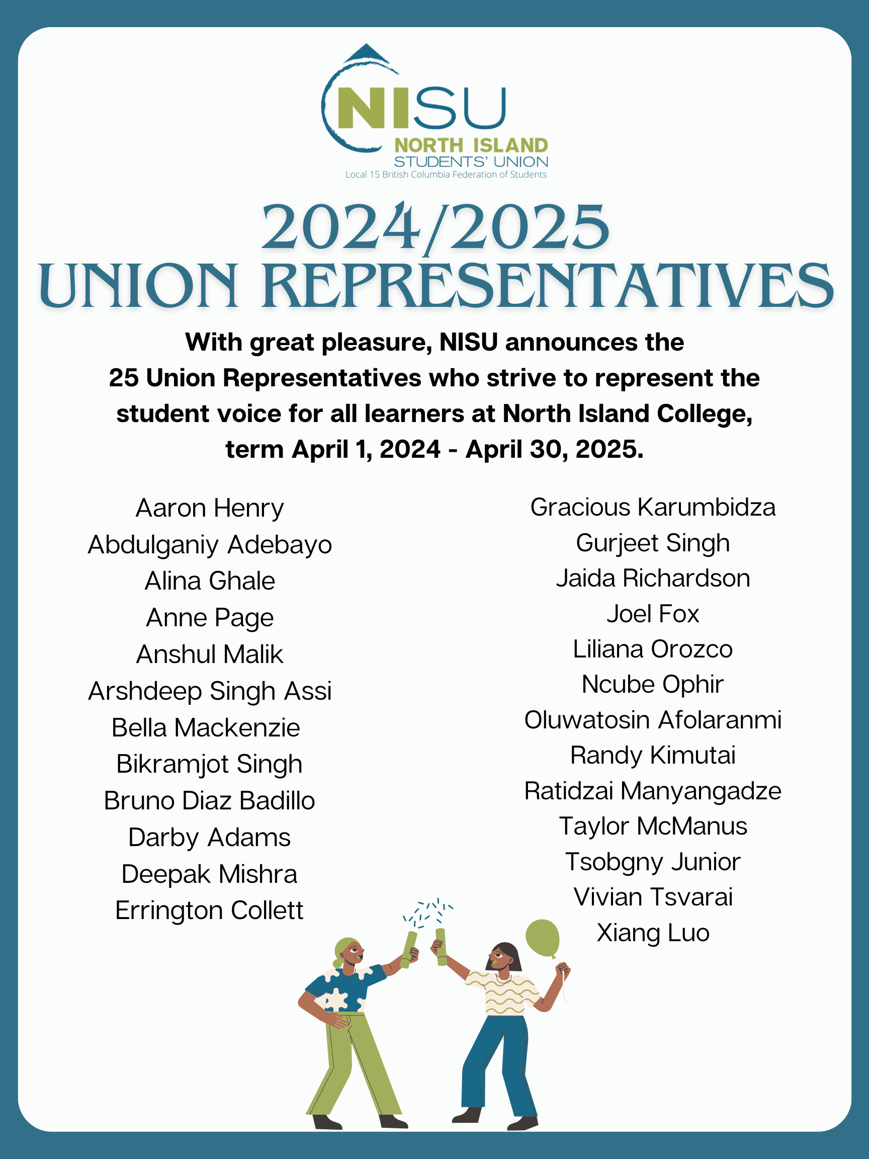 Poster with the names of the 2024 2025 Union Reps
