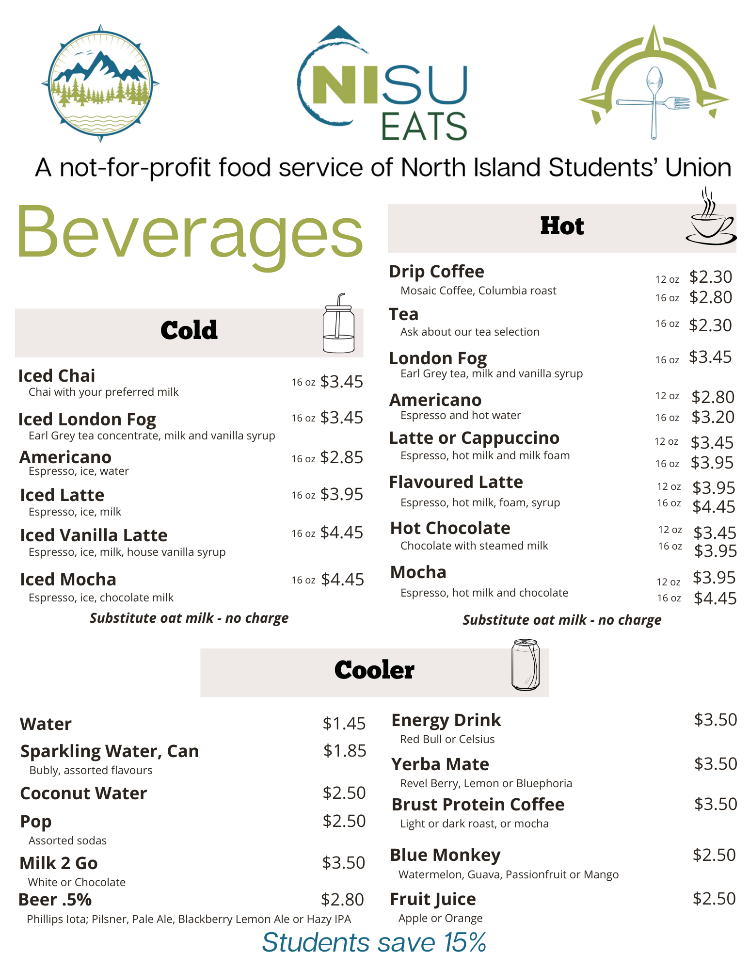 Beverage Menu for NISU Eats