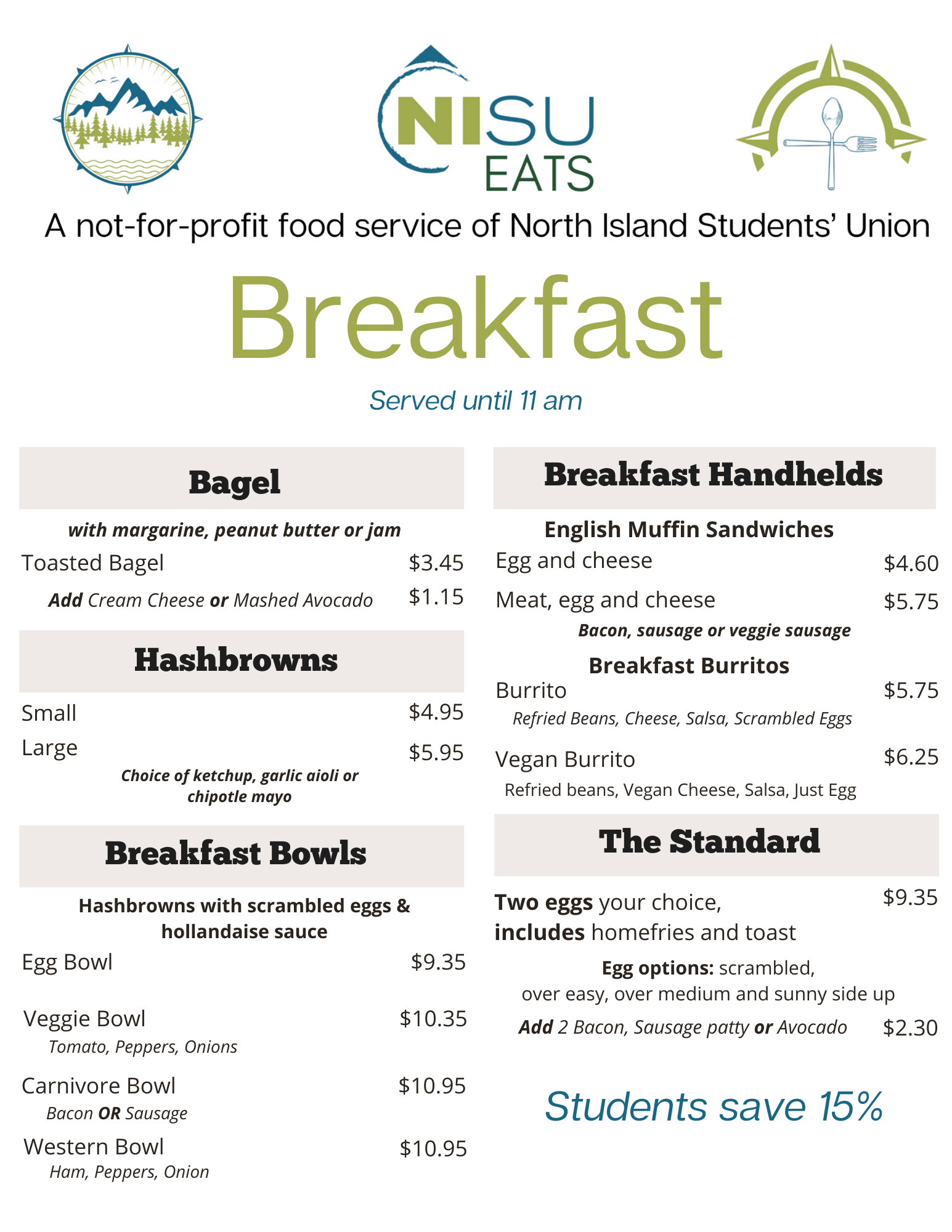 Breakfast Menu for NISU Eats